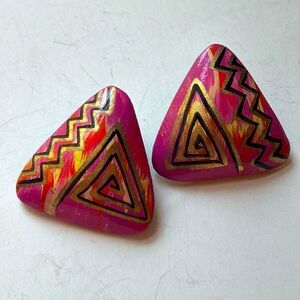 Hot Pink gold orange Wooden hand painted triangular retro vibe post earrings